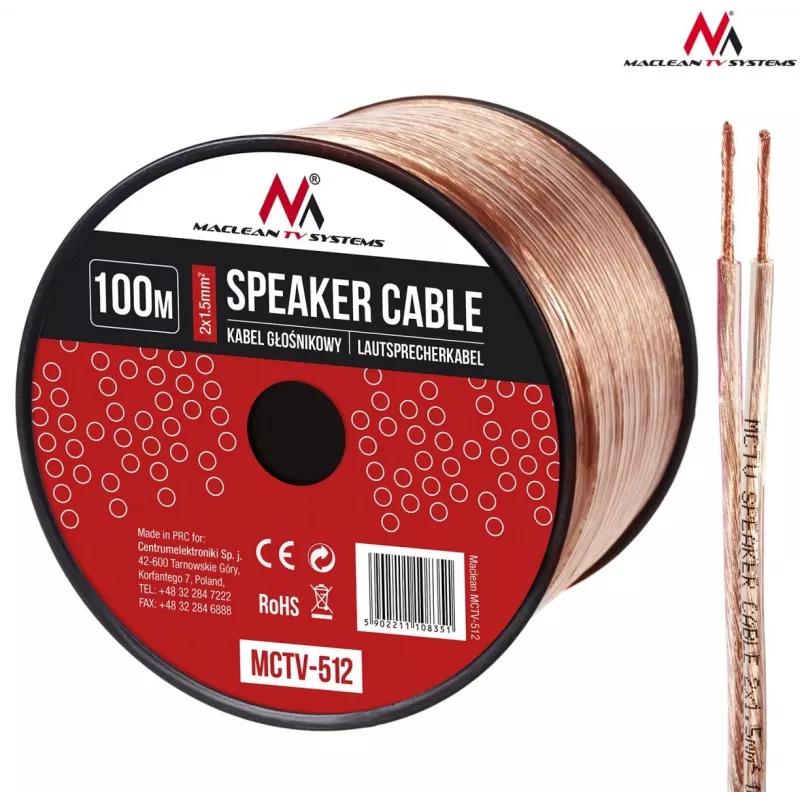 MACLEAN MCTV-512 cavo per altoparlanti 100m 2x1,5mm² trasparente OFC in matassa