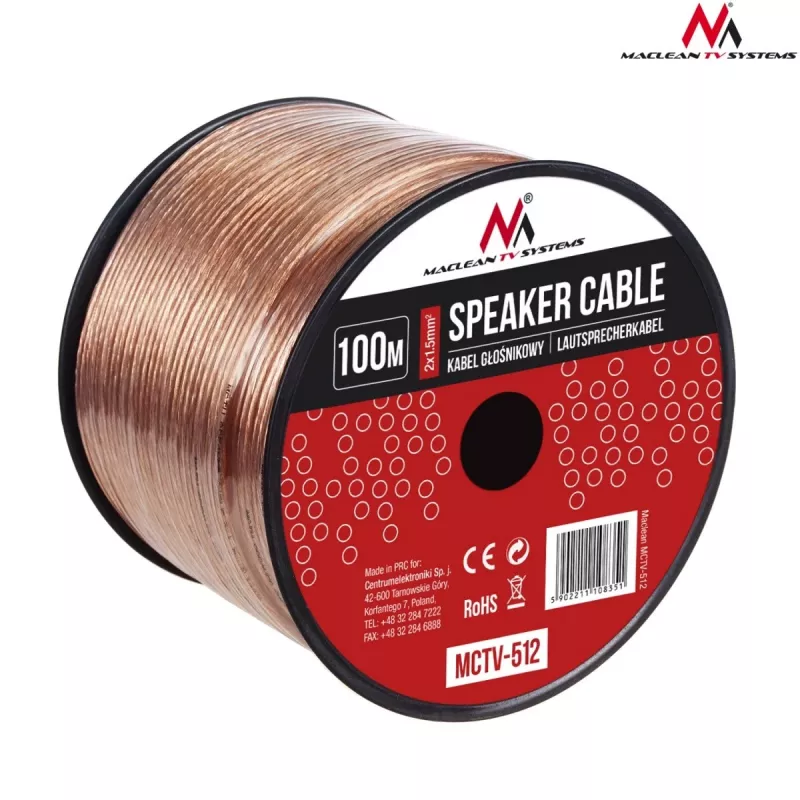 MACLEAN MCTV-512 cavo per altoparlanti 100m 2x1,5mm² trasparente OFC in matassa