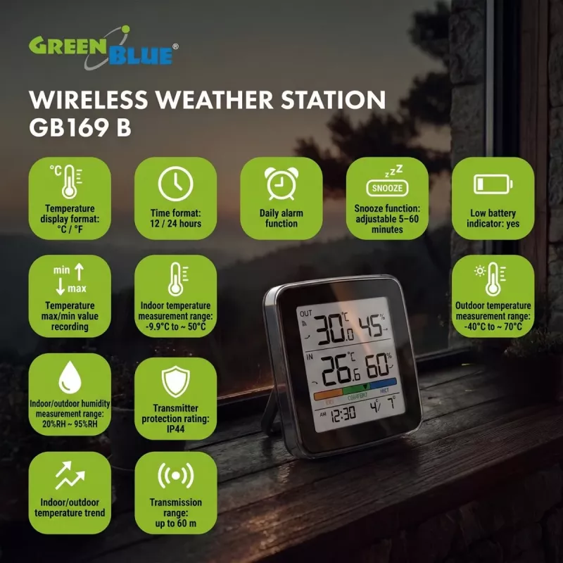 GREENBLUE GB169 B stazione meteo radio con display a colori e sensore esterno