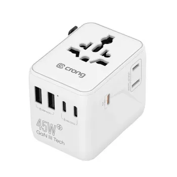 Crong One World Adattatore da viaggio GaN 45W UK/EU/US/AU Bianco