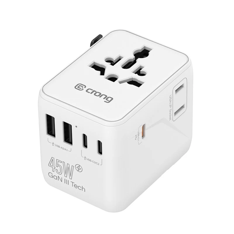 Crong One World Adattatore da viaggio GaN 45W UK/EU/US/AU Bianco