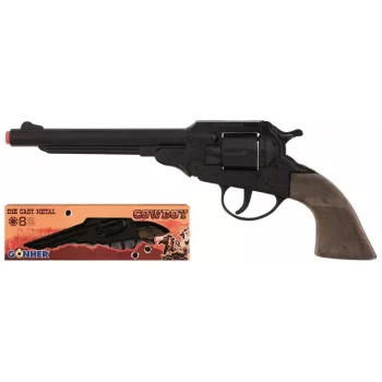 Pistola giocattolo a tamburo in metallo PULIO Cowboy 8 colpi - nero/argento con impugnatura marrone