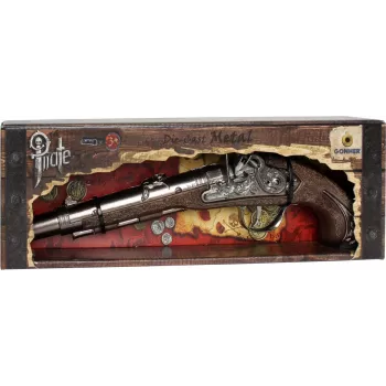 Pistola giocattolo pirata in metallo PULIO Gonher, metallo pressofuso e plastica, 8 colpi con capsule ad anello, nero/grigio con impugnatura marrone, da 8 anni