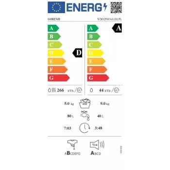 Gorenje WDG2PS954A1D2/PL lavatrice con asciugatrice, 9 kg lavaggio / 6 kg asciugatura, 1400 giri/min, classe di efficienza energetica A, bianco