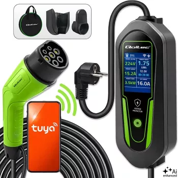 Qoltec caricabatterie portatile EV Type 2 su Schuko 3,5 kW 16 A cavo 5 m con Wi-Fi e LCD