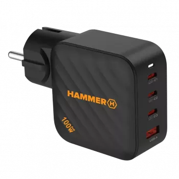 Alimentatore HAMMER RapidCharge 100W GaN, 2x USB-C PD 100W + 1x USB-A QC 30W, nero