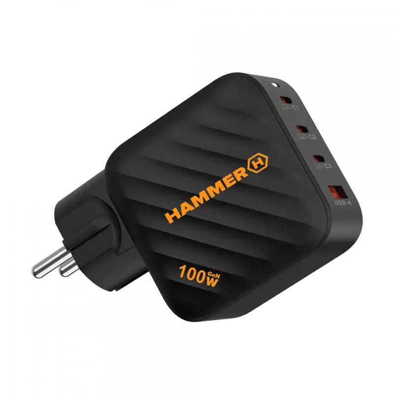 Alimentatore HAMMER RapidCharge 100W GaN, 2x USB-C PD 100W + 1x USB-A QC 30W, nero