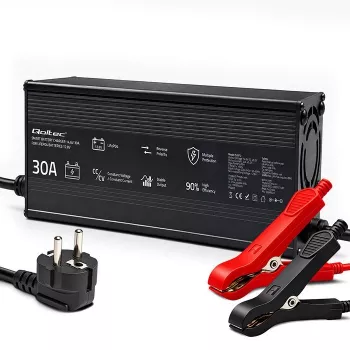 Qoltec Caricabatterie LiFePO4 12V 30A con indicatori LED e caricamento intelligente a 3 stadi