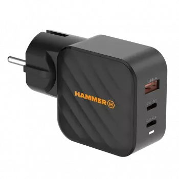 Alimentatore HAMMER RapidCharge 65W GaN - 2x USB-C PD, 1x USB-A QC, nero