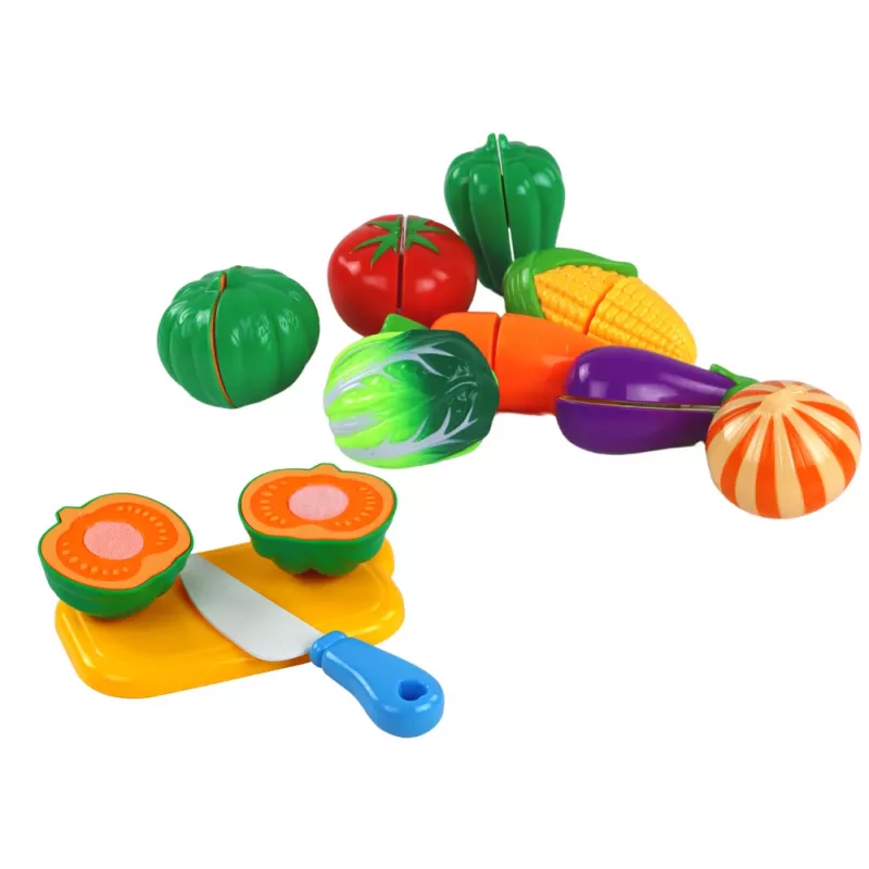 LEAN TOYS Verdura con velcro nel cestino – set giocattolo alimentare da 8 pezzi con piatto e coltello