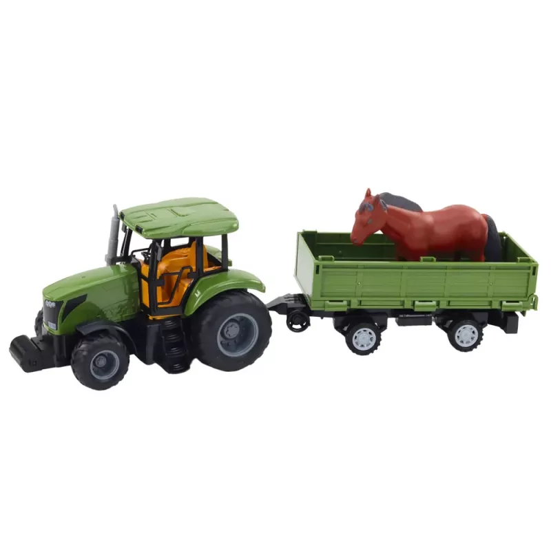 LEAN TOYS Telecomando RC trattore con rimorchio e set cavallo - 2.4GHz, ricaricabile, verde/rosso, da 3 anni