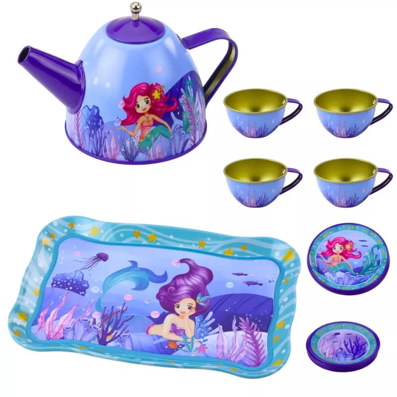 LEAN TOYS Servizio da tè in metallo per bambini con tazze, teiera e vassoio sirena
