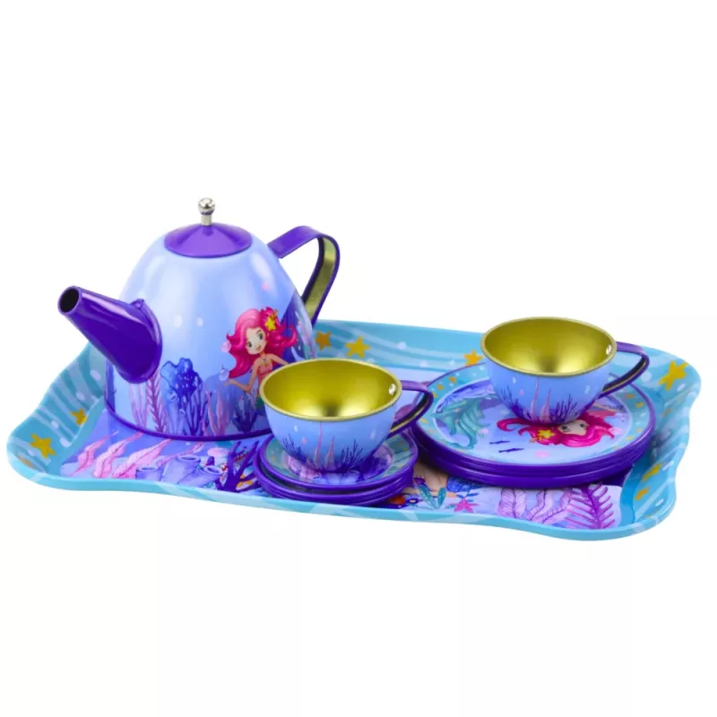 LEAN TOYS Servizio da tè in metallo per bambini con tazze, teiera e vassoio sirena