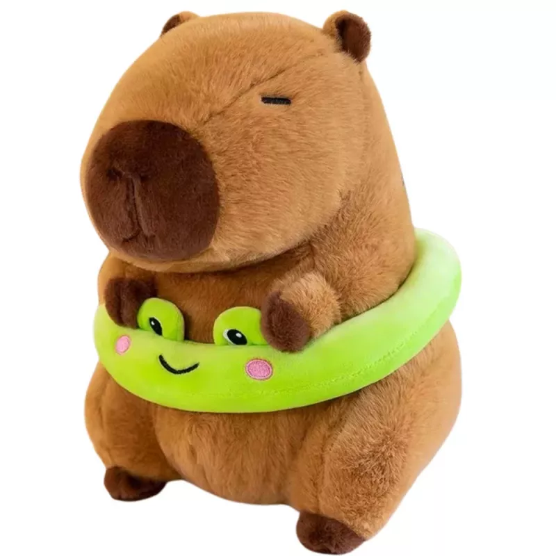 LEAN TOYS Peluche Capibara con salvagente verde e rana, Marrone, 20 cm