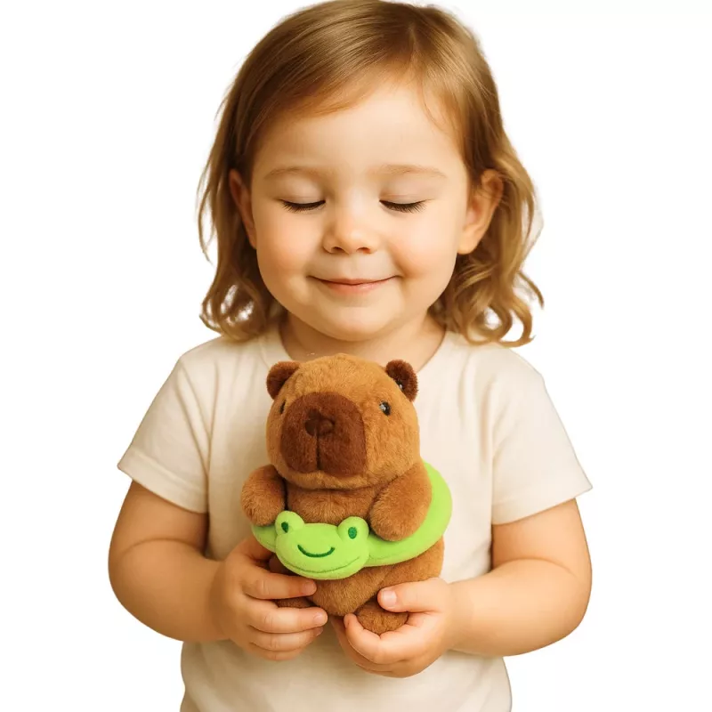 LEAN TOYS Peluche Capibara con salvagente verde e rana, Marrone, 20 cm