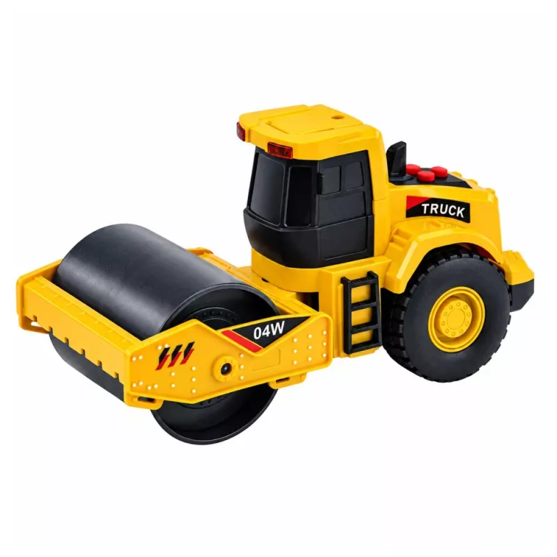 LEAN TOYS Rullo compressore veicolo da cantiere scala 1:32 con rullo rotante, luce e suono giallo