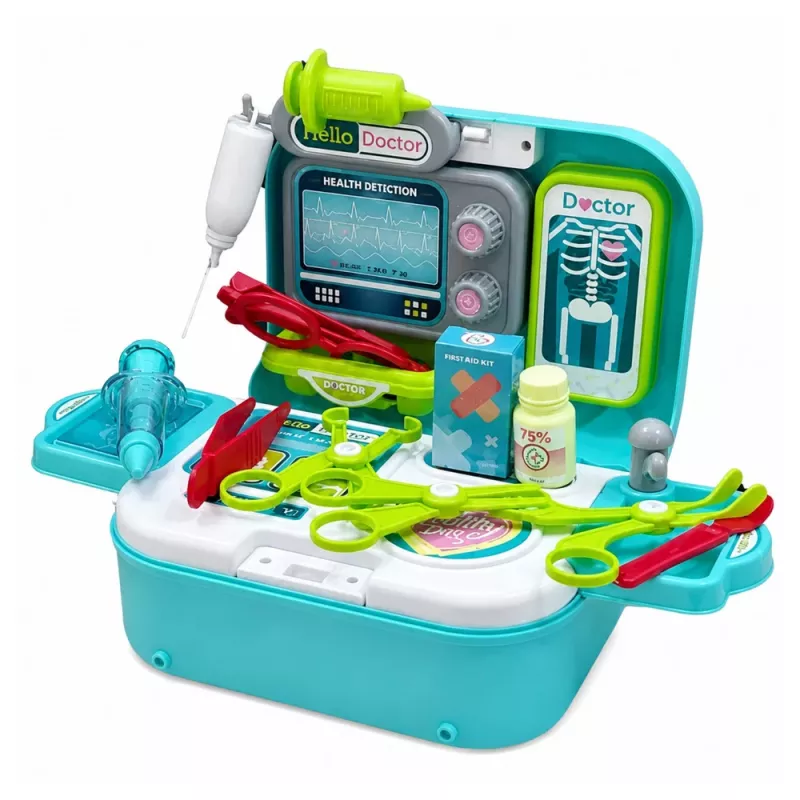 LEAN TOYS Set medico 2-in-1 in valigetta, ambulatorio medico portatile, accessori, blu