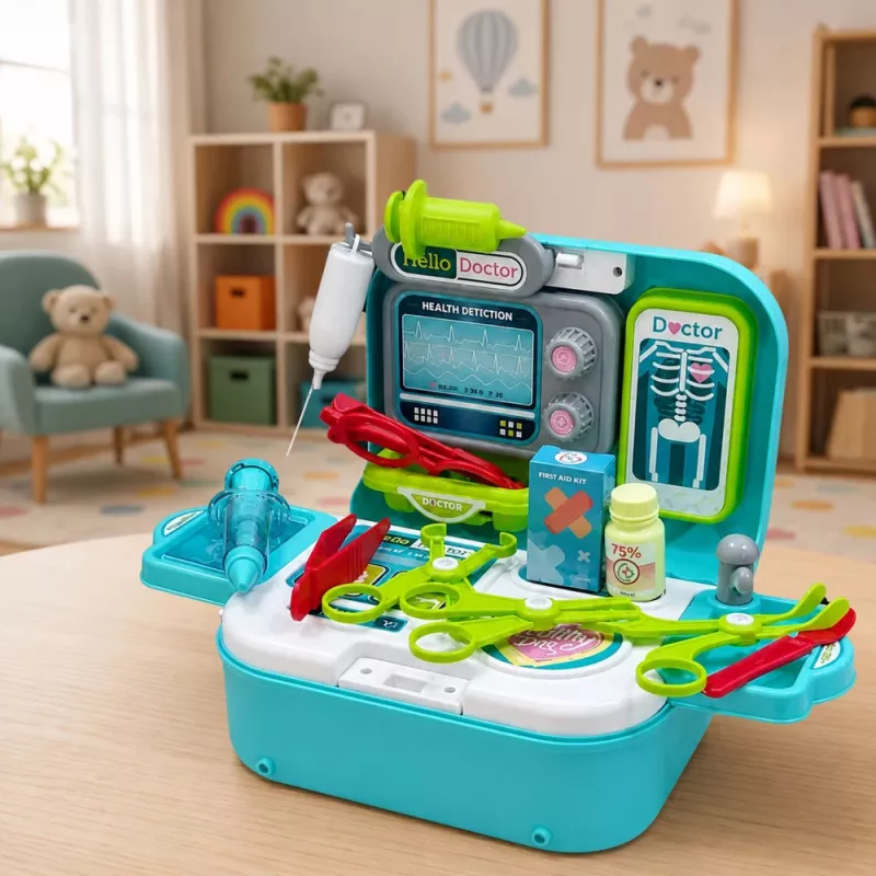 LEAN TOYS Set medico 2-in-1 in valigetta, ambulatorio medico portatile, accessori, blu