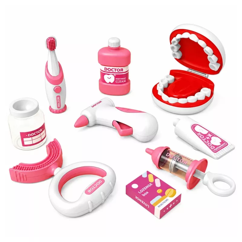 LEAN TOYS Piccolo set da dentista con spazzolino vibrante, rosa, 15 pezzi