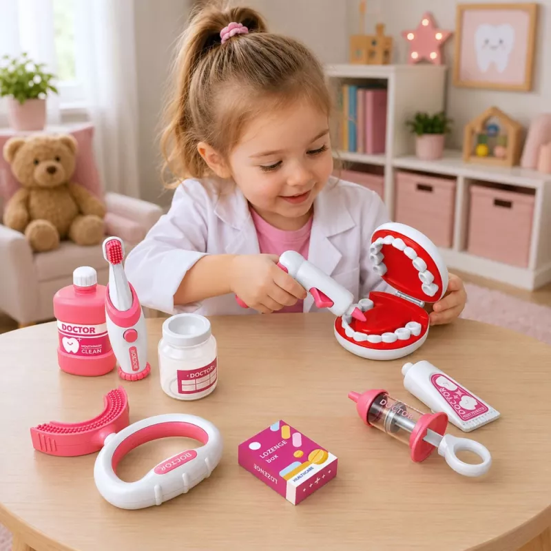 LEAN TOYS Piccolo set da dentista con spazzolino vibrante, rosa, 15 pezzi
