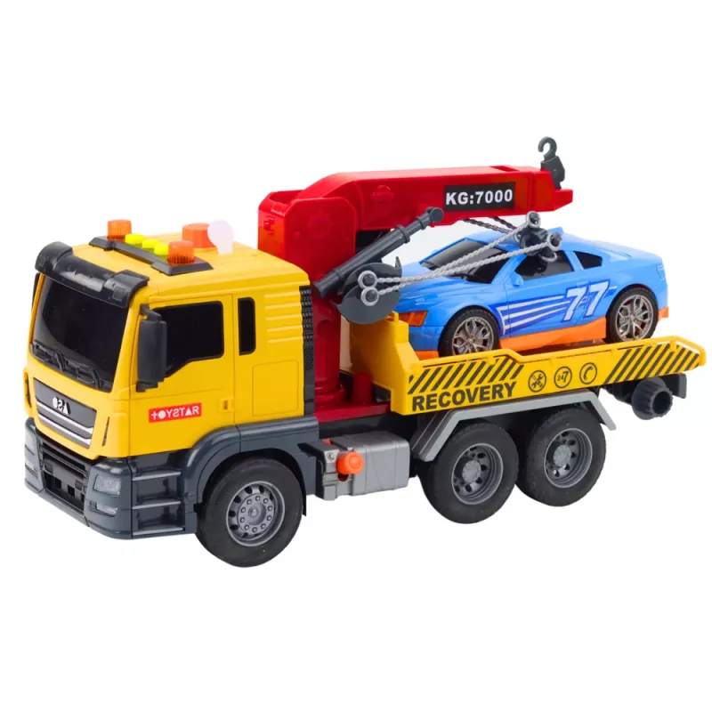 LEAN TOYS Carro attrezzi con gru e auto da corsa – set giocattolo con luci e suoni