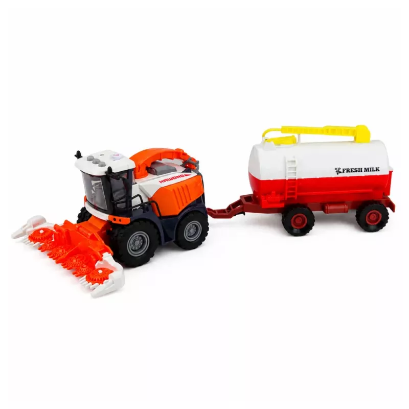 LEAN TOYS Mietitrebbia con autocisterna del latte, figure contadino e mucca, luce e suono, set fattoria 4 pezzi
