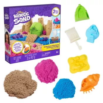 Kinetic Sand Beach Adventure set - 907g sabbia in 3 colori con formine, strumenti e vasca da gioco