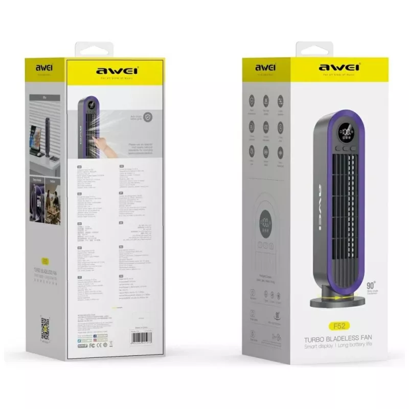AWEI F52 ventilatore a torre portatile 3600mAh ricaricabile USB-C grigio