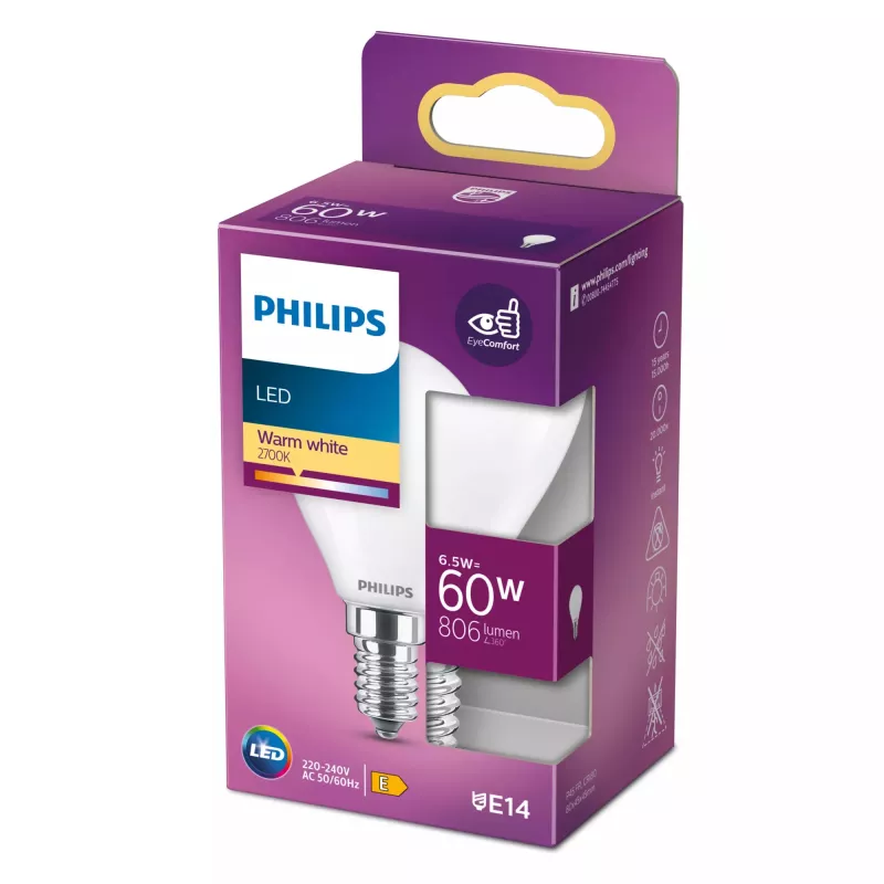 Philips LED Classic 5.5W E14 P45 bianco caldo 806lm lampadina opalina (equivalente 60W)