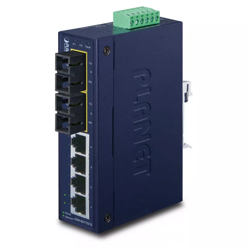 PLANET ISW-621TS15 switch Fast Ethernet industrial unmanaged L2 con 4x 10/100 + 2x 100Base-FX SC multi-mode, montaggio su guida DIN/parete, da -40 a 75 °C