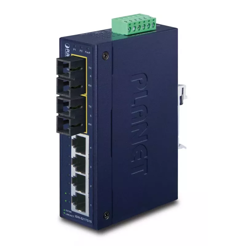 PLANET ISW-621TS15 switch Fast Ethernet industrial unmanaged L2 con 4x 10/100 + 2x 100Base-FX SC multi-mode, montaggio su guida DIN/parete, da -40 a 75 °C