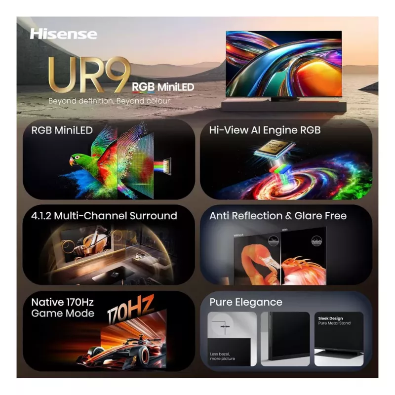 Hisense 65UR9DS Smart TV 65 pollici 4K UHD RGB MiniLED, 3840x2160, 170 Hz, 6 ms, HDR, HDMI, USB-C, LAN, WiFi, Bluetooth, nero/grigio