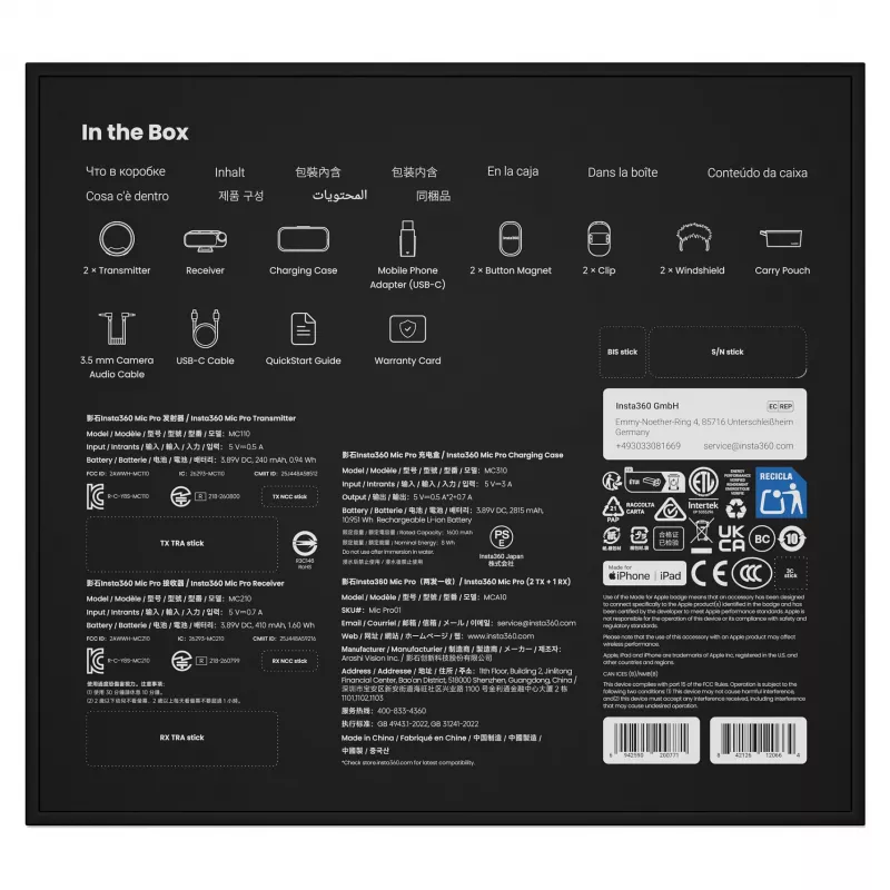Insta360 Mic Pro (2 TX + 1 RX) – sistema microfonico wireless digitale
