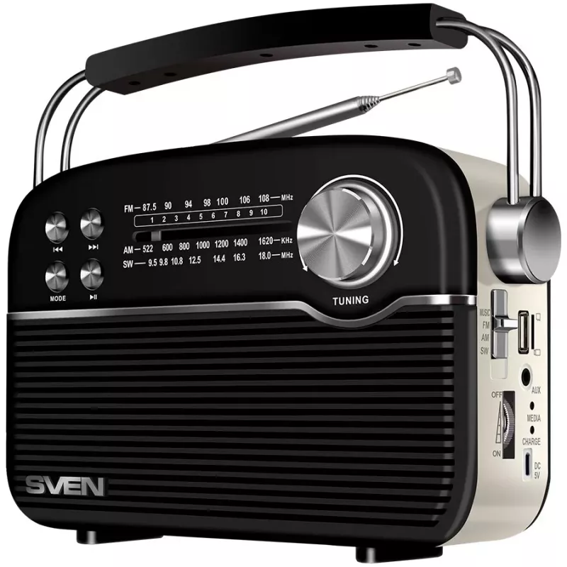 Altoparlante SVEN SRP-500, nero (3W, Bluetooth, FM/AM/SW, USB, microSD, AUX, batteria ricaricabile)