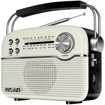 SVEN SRP-500 Altoparlante Bluetooth portatile, bianco (3W, radio FM/AM/SW, USB, microSD, AUX, batteria ricaricabile)