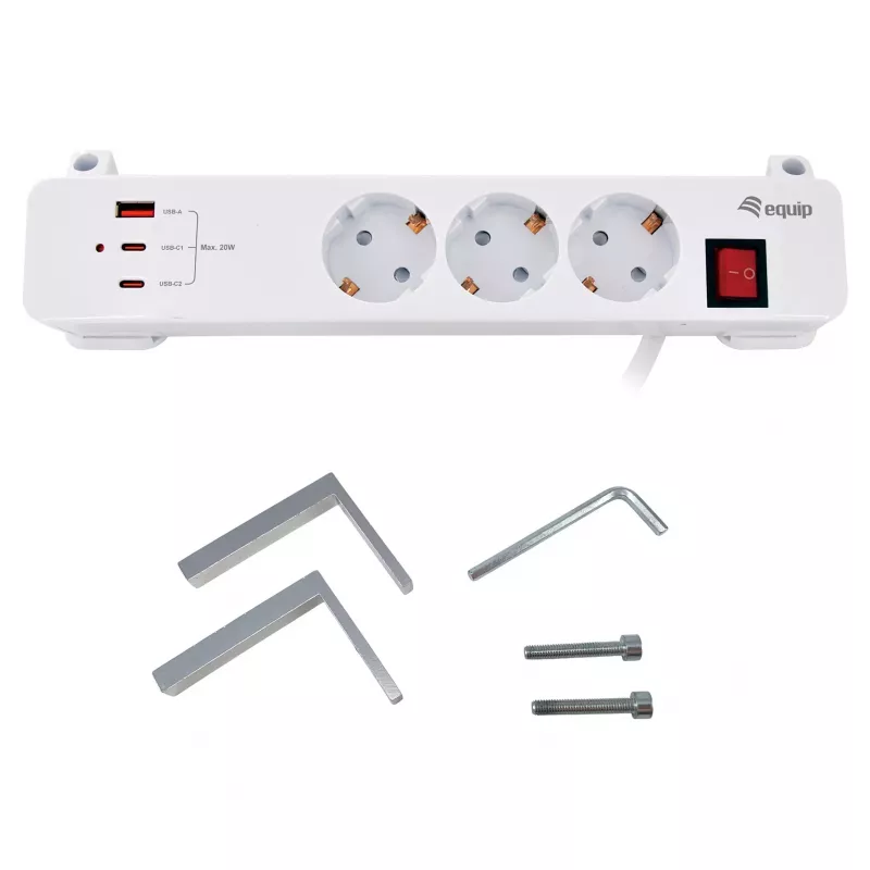Equip ciabatta CEE 7/7 90° su 3x Schuko / 2x USB-C + USB-A, bianco, 1,5m