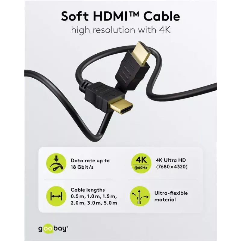 Goobay 80104 Cavo HDMI Soft High-Speed con Ethernet, 3 m, nero