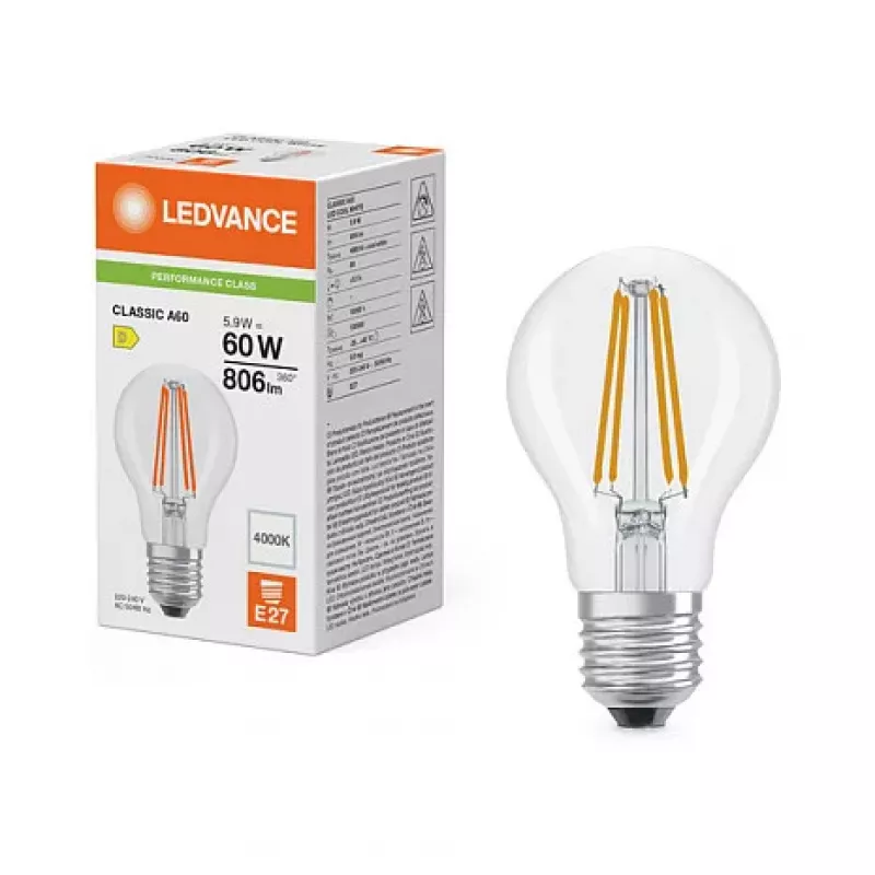 OSRAM LED Classic A 60 Filament P 5.9W 840 trasparente E27 lampadina LED, forma classica