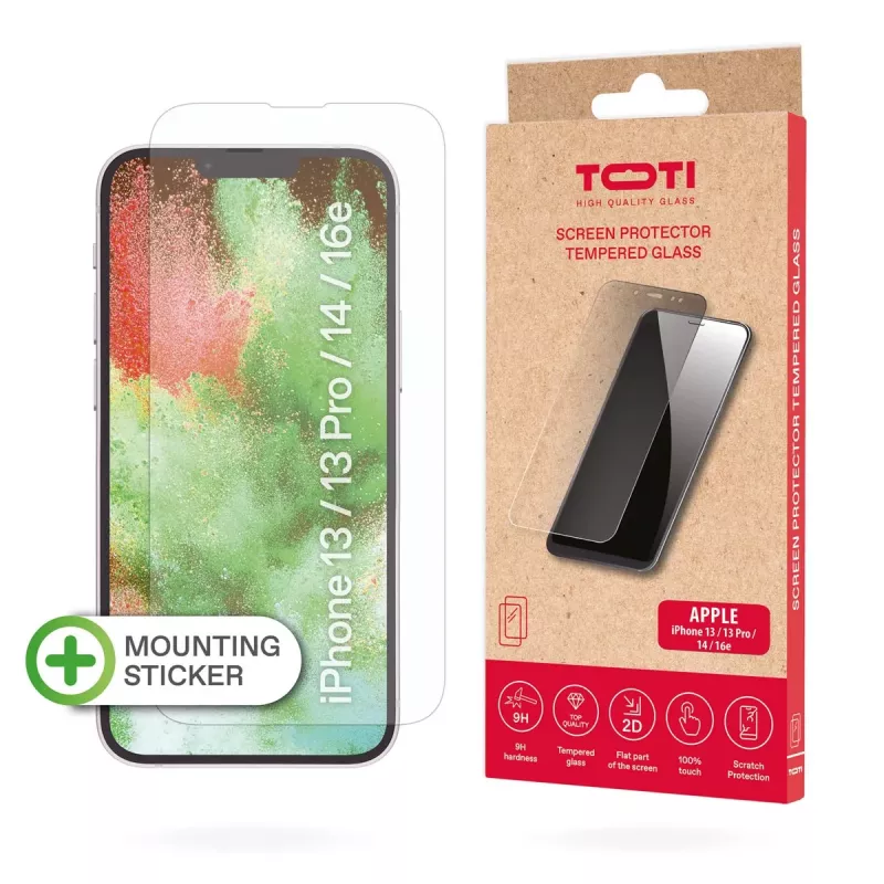 TOTI Tempered Glass 2D Screen Protector Full Cover per iPhone 13/13 Pro/14/16e, trasparente