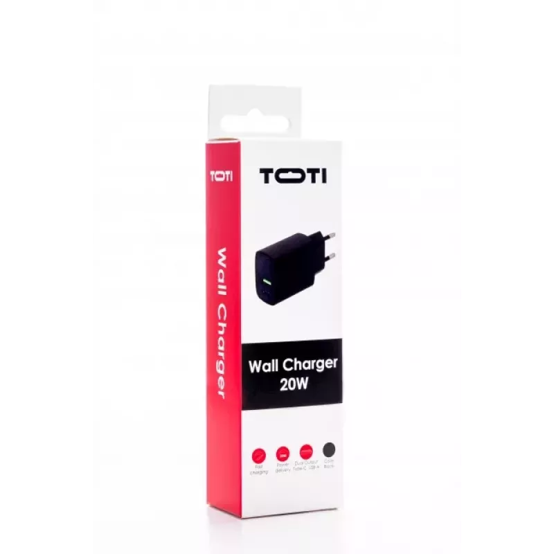 SEEK TOTI caricabatterie da parete a ricarica rapida 20W Type-C + USB A, nero