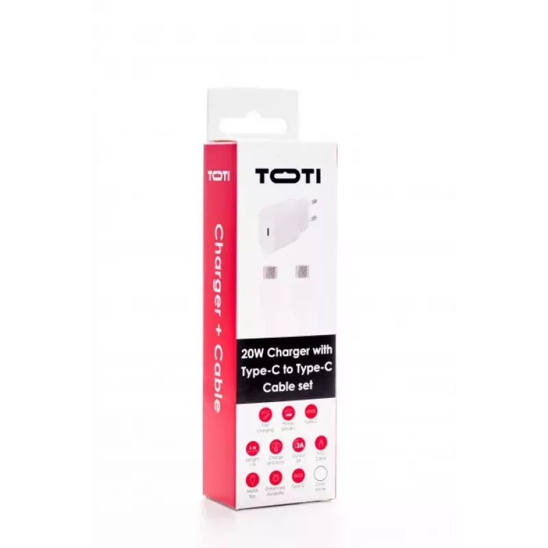 SEEK TOTI caricabatterie da parete 20W Type-C PD con cavo dati Type-C a Type-C, 1 m PVC 3A, bianco
