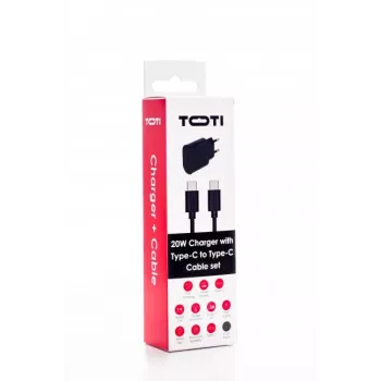 SEEK TOTI caricabatterie da parete 20W Type-C PD con cavo dati Type-C a Type-C, 1 m PVC 3A, nero