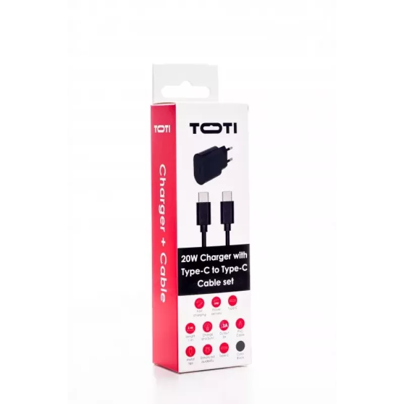 SEEK TOTI caricabatterie da parete 20W Type-C PD con cavo dati Type-C a Type-C, 1 m PVC 3A, nero