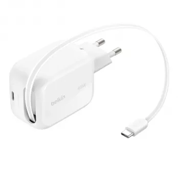 Belkin UltraCharge 45W Dual GaN caricabatterie USB-C retrattile bianco