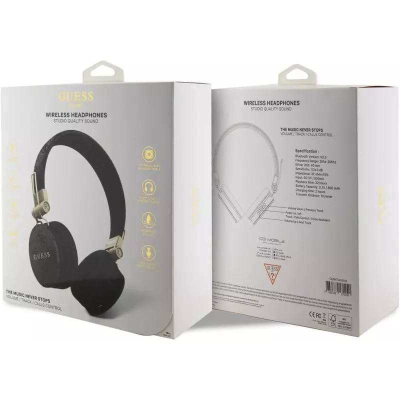GUESS GUBH704GEMK cuffie over-ear Bluetooth, nero, logo in metallo 4G