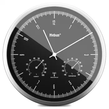 MEBUS 19777 orologio da parete radiocontrollato con termoigrometro, argento/bianco, 30 cm