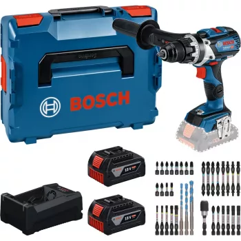 Bosch Professional set avvitatore trapano a batteria 18V 2x5,0 Ah Li-Ion 110 Nm brushless con caricabatterie e set di punte in valigetta MetaLoc II