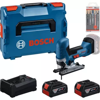BOSCH PowerTools Set seghetto alternativo a batteria con 2 batterie 5,0 Ah, caricabatterie rapido e set di lame per seghetto in L-BOXX (Boxed)