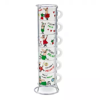 Bialetti Italia Set 6 tazze da espresso 80 ml bianco con portatazze in metallo cromato TAZZ202
