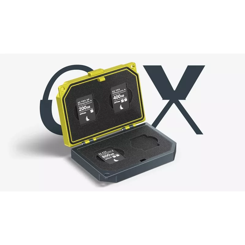 Angelbird MEDIA TANK CFexpress tipo A - custodia per schede di memoria per 4 schede, alluminio anodizzato, nero/giallo, antishock, antipolvere, resistente agli schizzi